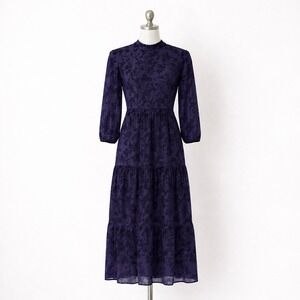 Maison Tara Dress Size 6 Dark Blue Burnout Velvet Maxi Mock Neck Tiered Gothic